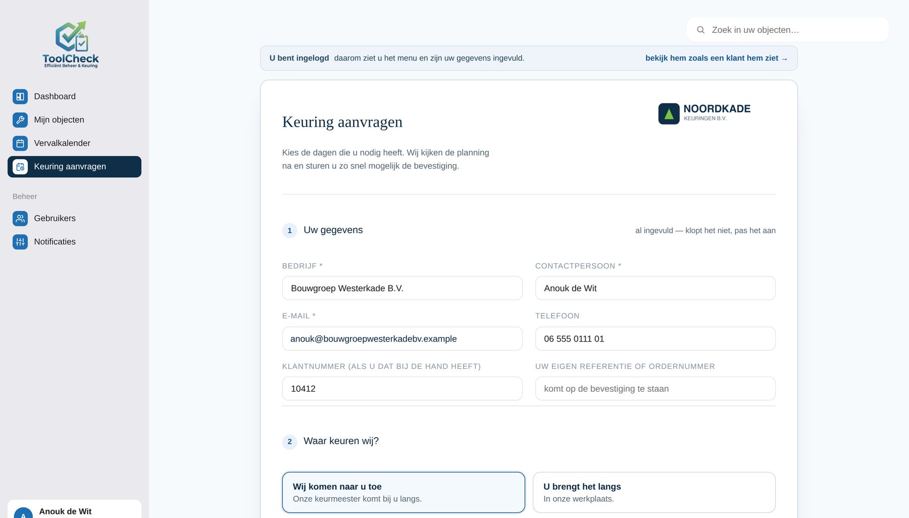 De agenda waarin een klant zelf een keuringsmoment aanvraagt