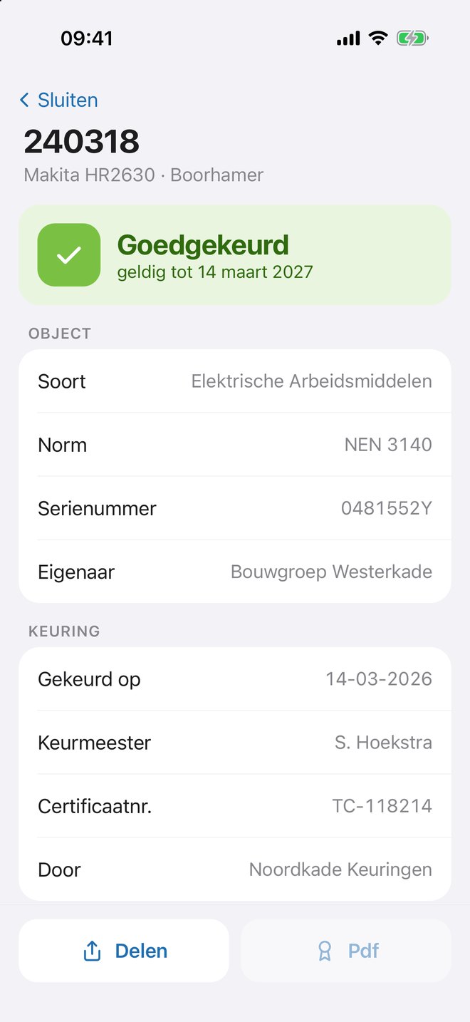 Certificaat na het scannen van de sticker, zonder inloggen