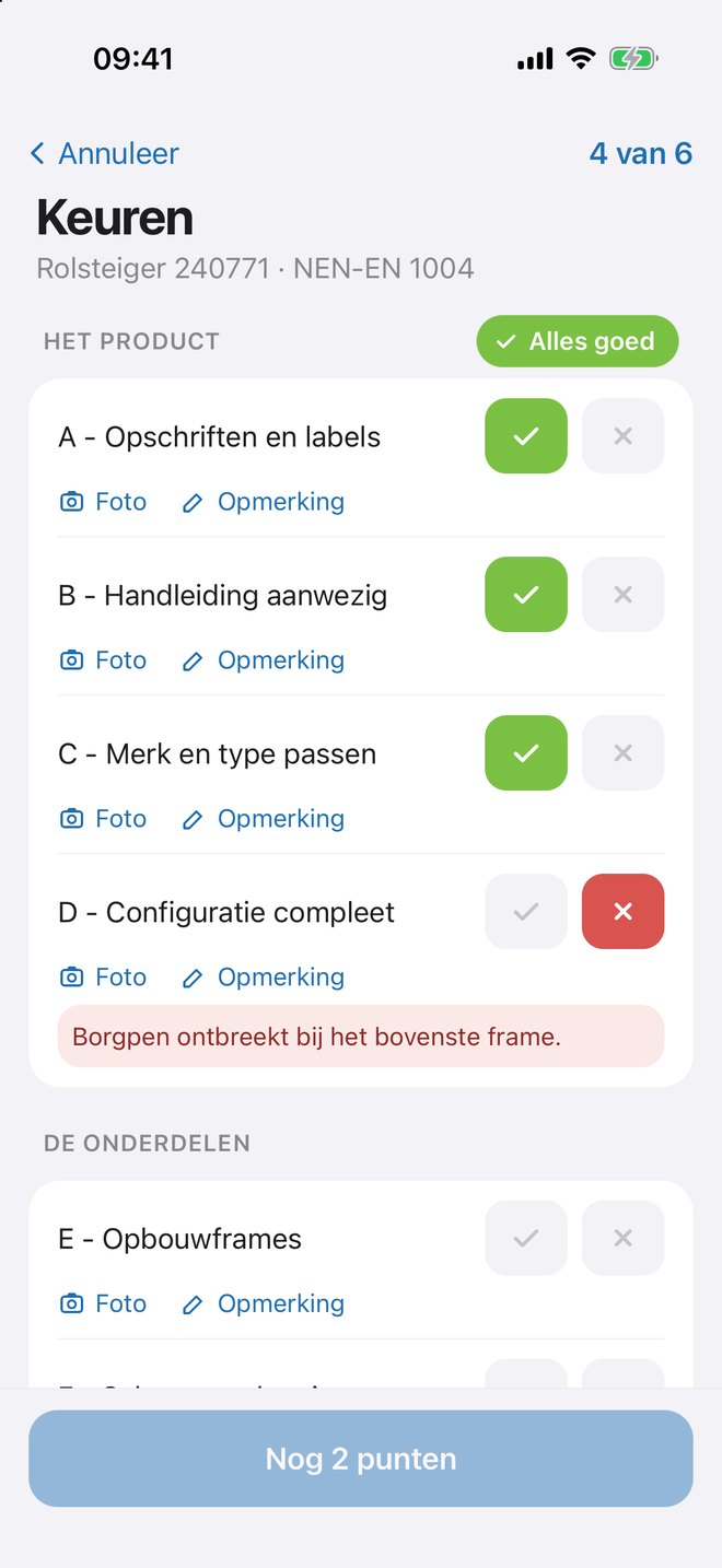 Keuren in de app: vinkpunten per onderdeel met foto en opmerking