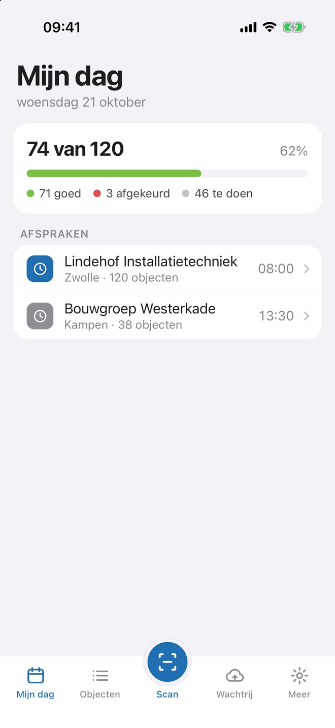 Mijn dag in de app: de afspraken van vandaag en de voortgang van de keuringen