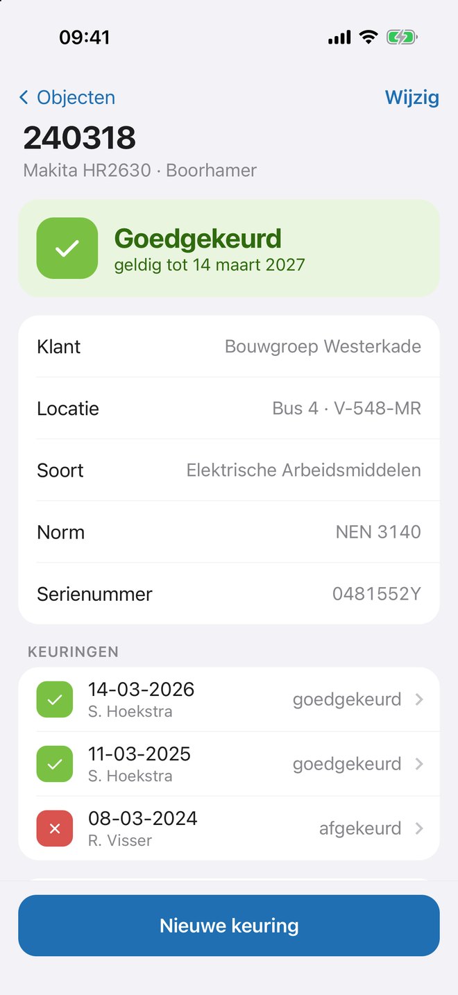 Objectkaart in de app: goedgekeurd, geldig tot, keuringshistorie