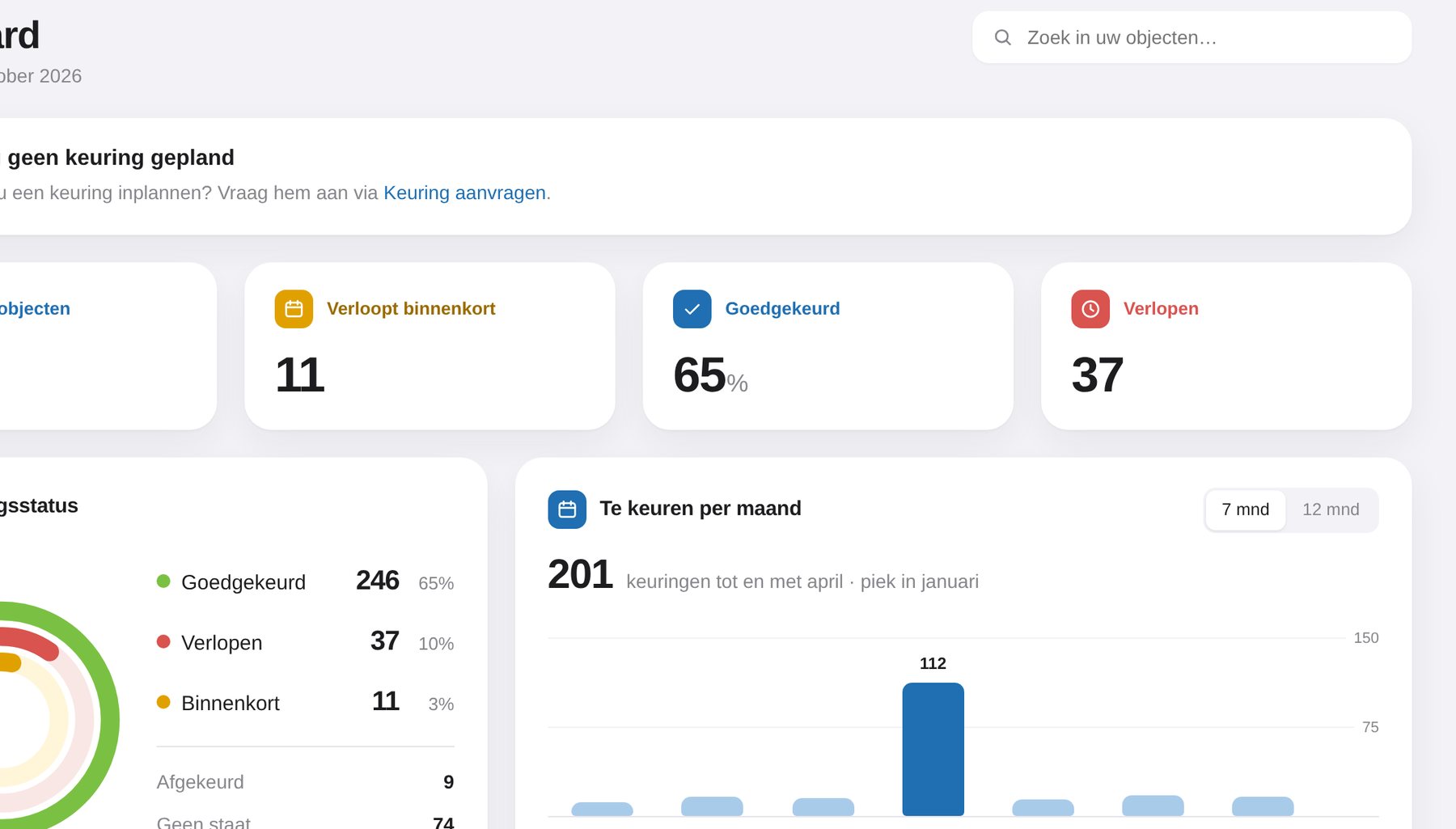 Het portaal van een klant: alleen zijn eigen materieel, met keuringsstatus en vervaldatums