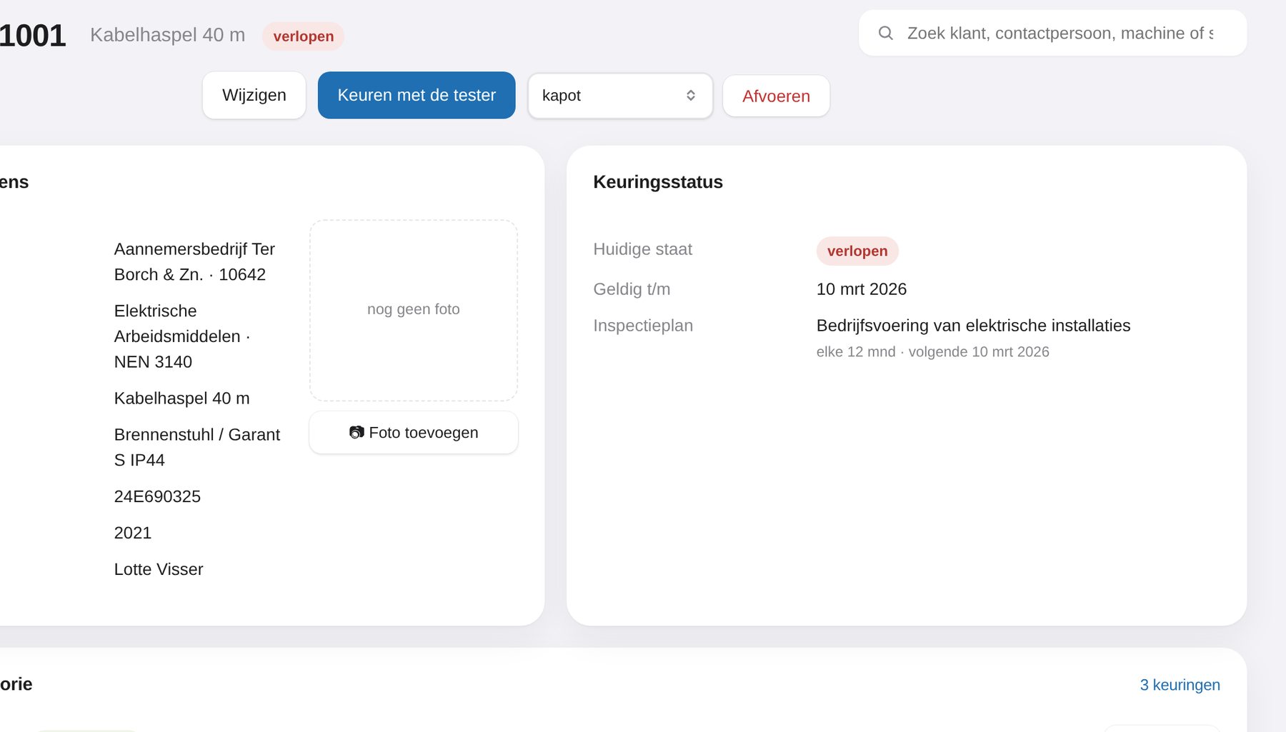 Objectkaart in ToolCheck: elke keuring in de historie heeft zijn eigen certificaat