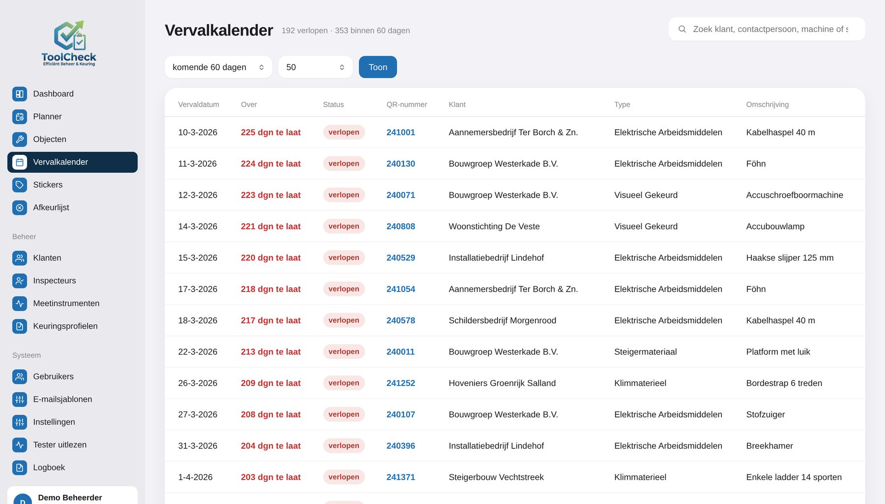 Vervalkalender in ToolCheck: per vervaldatum het object, de klant en de omschrijving